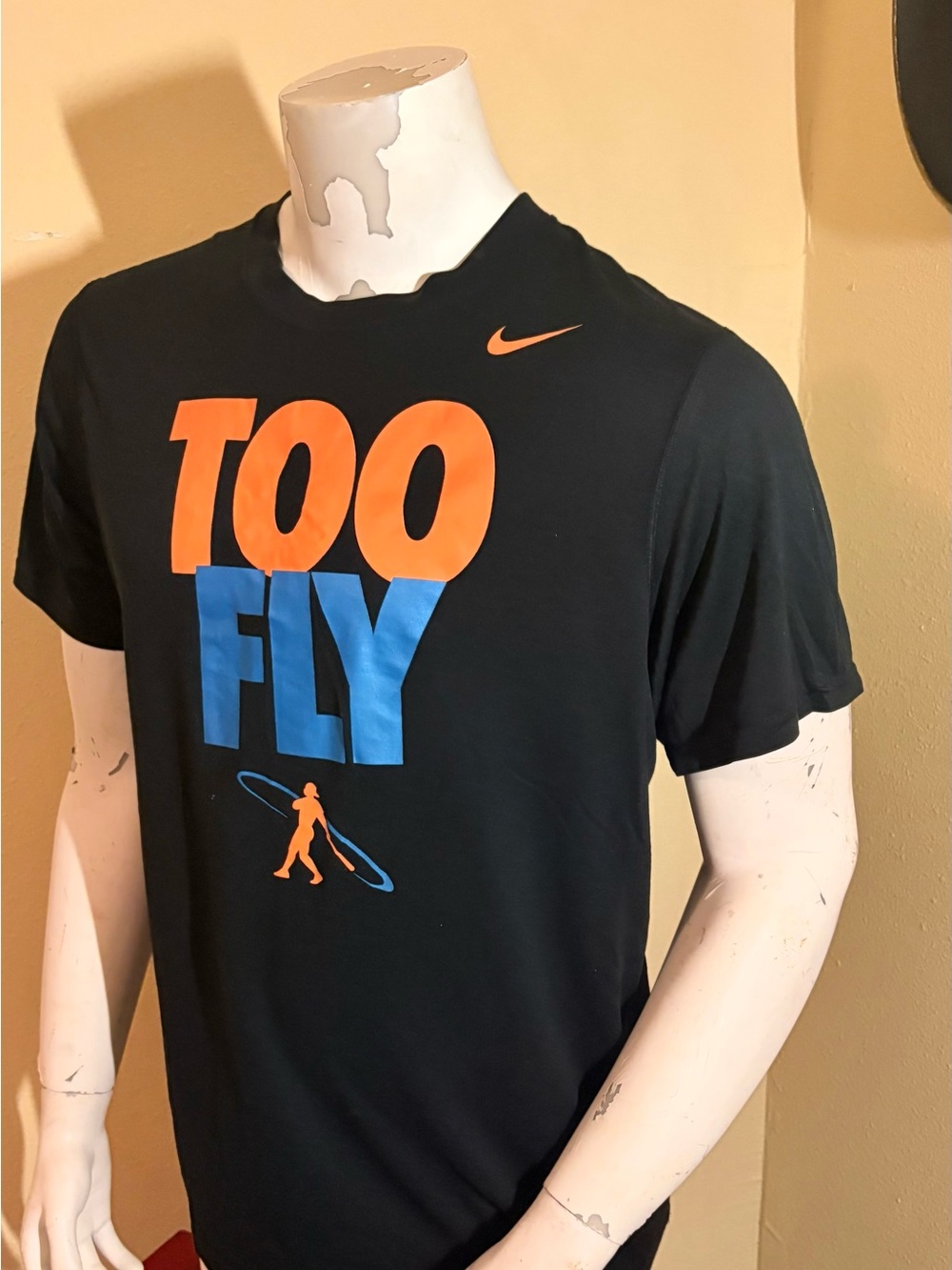 Nike Men’s Black Short Sleeve Tee with Orange and Blue 'TOO FLY' Graphic